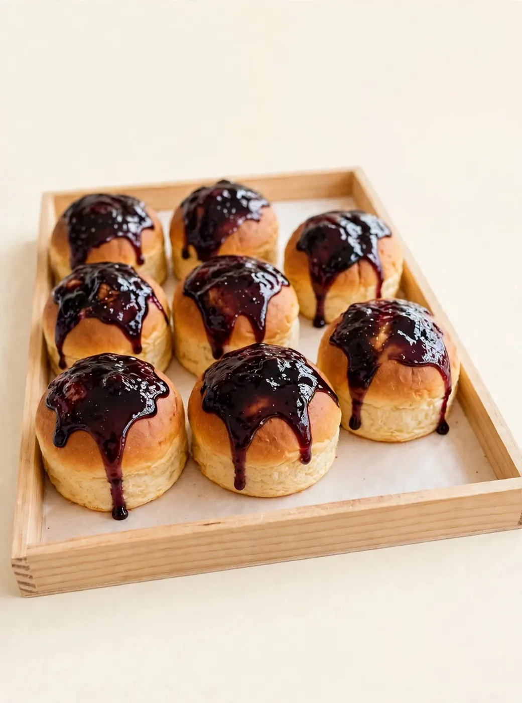 Roti blueberry lumer di atas nampan kayu